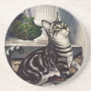 Dessous De Verre En Grès Animaux vintages, mignon Tabby Cat papillon
