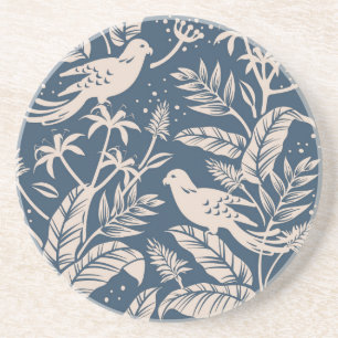 Dessous De Verre En Grès Antique Chinoiserie Oiseau Floral Bleu Gris et ivo