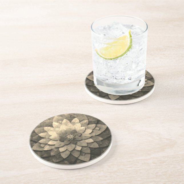 Dessous De Verre En Grès Antique Golden Mandala Art Fleur texturée (Côté)