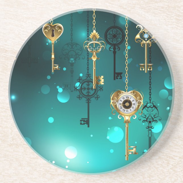 Dessous De Verre En Grès Antique Skeleton Keys on Green Background (Devant)