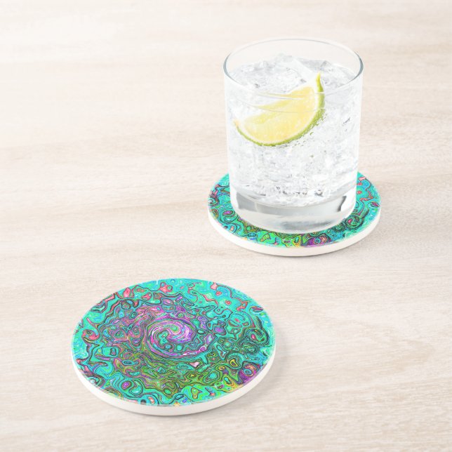 Dessous De Verre En Grès Aquamarine Groovy Abstrait Rétro Liquide Tourbillo (Côté)