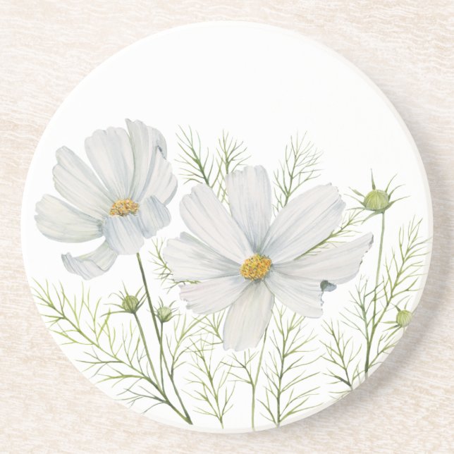 Dessous De Verre En Grès Aquarelle Blanc Cosmos Fleurs Peinture Botanique (Devant)