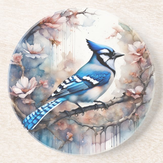 Dessous De Verre En Grès Aquarelle bleu Jay Cherry Blossoms (Devant)