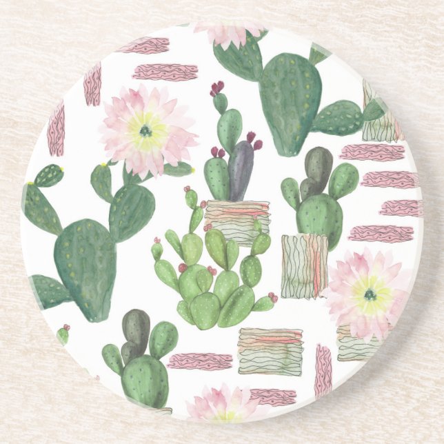 Dessous De Verre En Grès Aquarelle Cactus Motif de peinture transparente (Devant)
