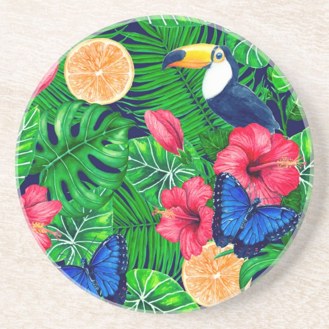 Dessous De Verre En Grès Aquarelle de jardin toucan et tropical (Devant)