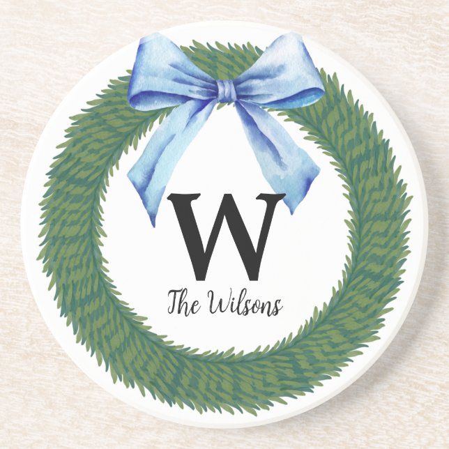 Dessous De Verre En Grès Aquarelle de Noël couronne bleu Bois Monogramme (Devant)