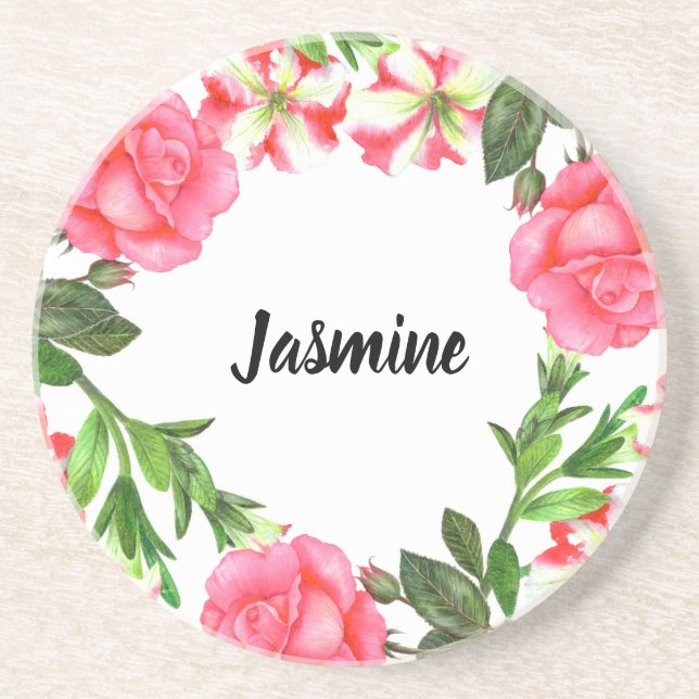 Dessous De Verre En Grès Aquarelle Fleurs roses Circle Conception de courro (Devant)