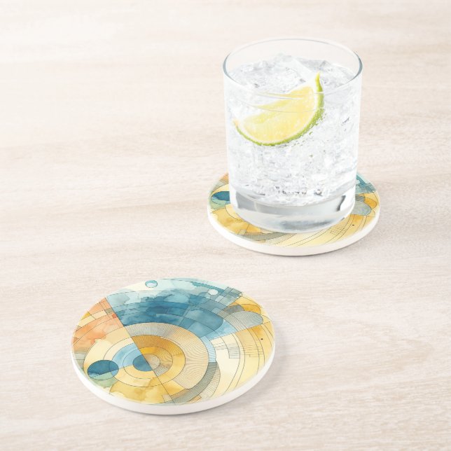 Dessous De Verre En Grès Aquarelle géométrique bleu et jaune Abstrait (Côté)