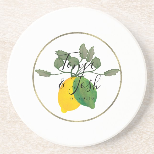 Dessous De Verre En Grès Aquarelle Lemon Lime Limoncello Faux Or Mariage (Devant)