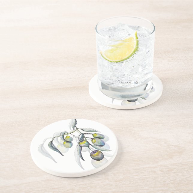 Dessous De Verre En Grès Aquarelle magique à branche d'olivier peinte à la  (Côté)