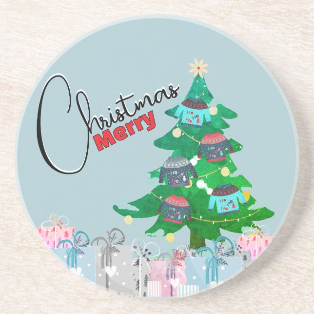 Dessous De Verre En Grès Aquarelle mignonne Arbre de Noël Joyeux Noël (Devant)