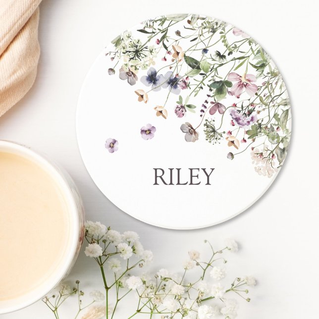 Dessous De Verre En Grès Aquarelle monochrome Fleurs sauvages violets (In situ)