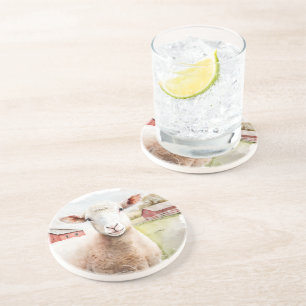 Dessous De Verre En Grès Aquarelle Mouton Avec Grange Rouge