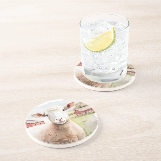 Dessous De Verre En Grès Aquarelle Mouton Avec Grange Rouge (Côté)