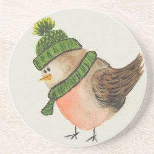 Dessous De Verre En Grès Aquarelle Robin dans un Casquette vert et Écharpe