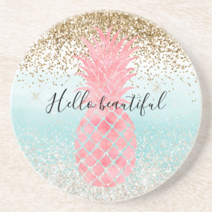 Dessous De Verre En Grès Aquarelle rose Ananas tropique Aqua Ombre or
