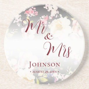 Dessous De Verre En Grès Aquarelle rose Roses jaunes, noir flou, Mariage