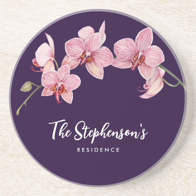 Dessous De Verre En Grès Aquarelle teinte rose Orchidées Peinture (Devant)