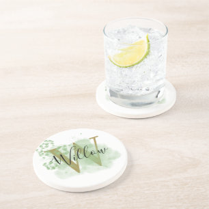 Dessous De Verre En Grès Aquarelle verte personnalisée et initiale florale