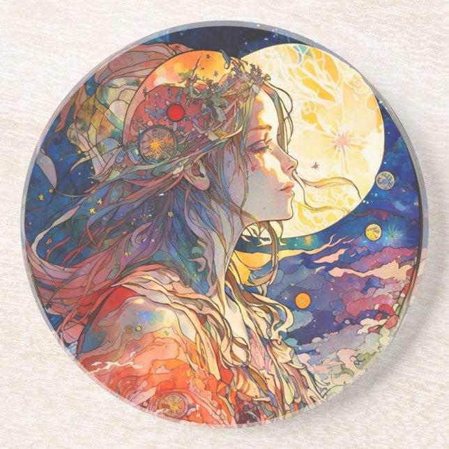 Dessous De Verre En Grès Aquarelle vibrante de Fille et Lune (Devant)