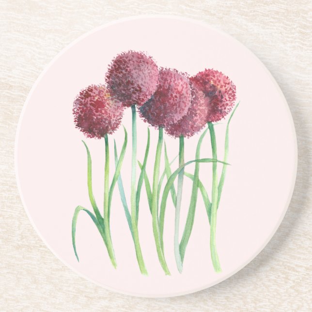 Dessous De Verre En Grès Aquarelle violet rose Allium Peinture botanique (Devant)