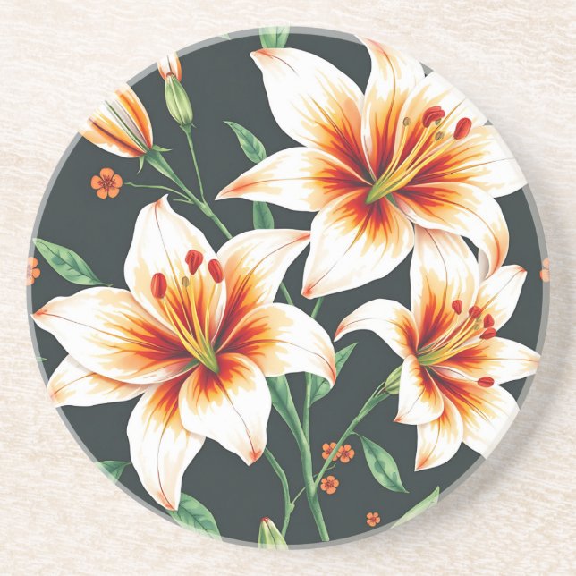 Dessous De Verre En Grès Aquarelle vive Lys Motif en blanc (Devant)