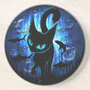 Dessous De Verre En Grès Aquaticat - Chat surréaliste en Imaginaire profond