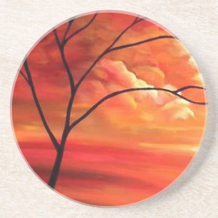 Dessous De Verre En Grès Arbre Abstrait et coucher de soleil rouge