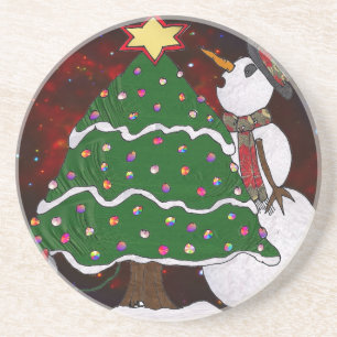 Dessous De Verre En Grès Arbre de Noël Snowman Surprise Art Imprimer