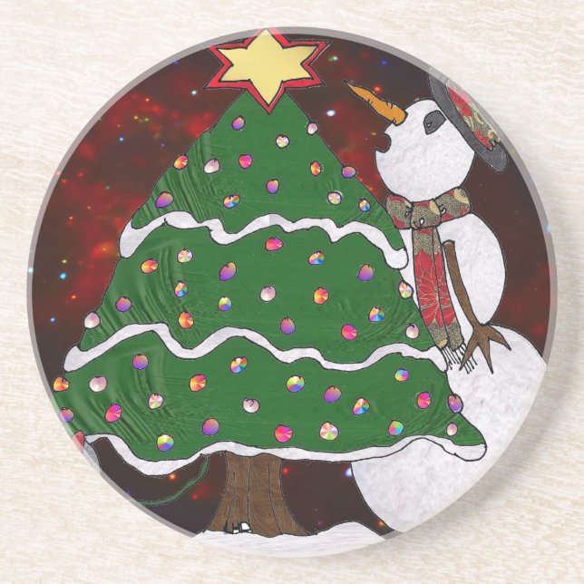 Dessous De Verre En Grès Arbre de Noël Snowman Surprise Art Imprimer (Devant)