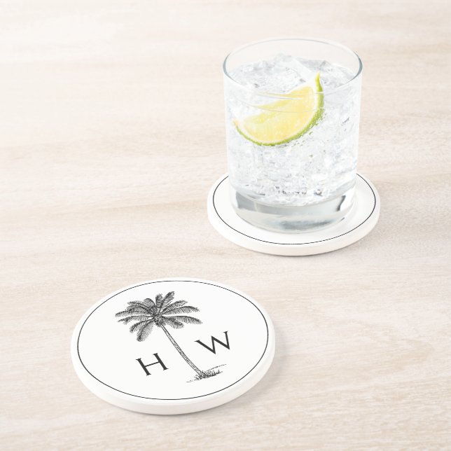 Dessous De Verre En Grès Arbre de palmier Palmetto noir et blanc monogrammé (Côté)