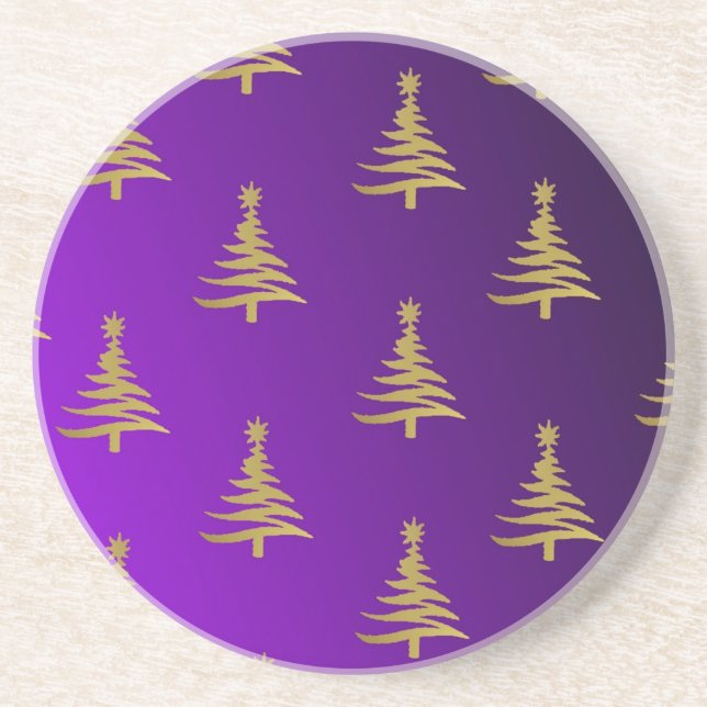 Dessous De Verre En Grès Arbres de Noël Gold sur violet (Devant)