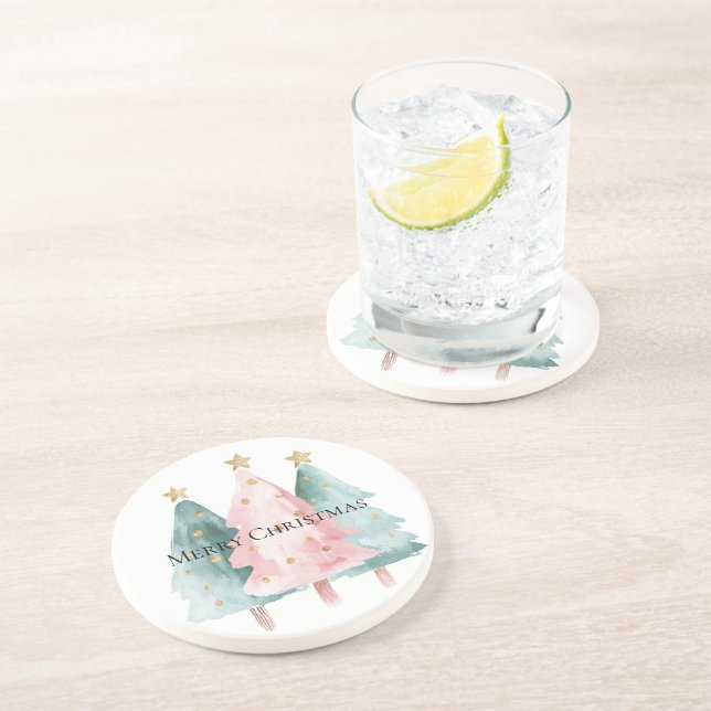 Dessous De Verre En Grès Arbres de Noël verts roses étoiles d'or (Côté)