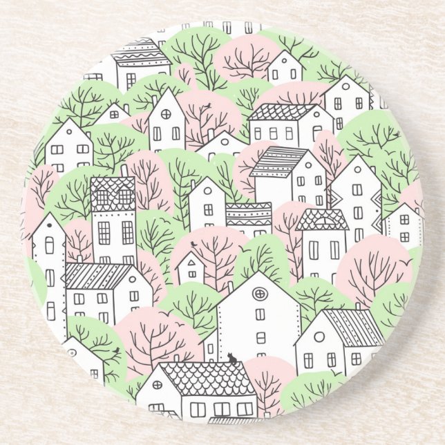Dessous De Verre En Grès Arbres, maisons, paysage de la ville de printemps (Devant)