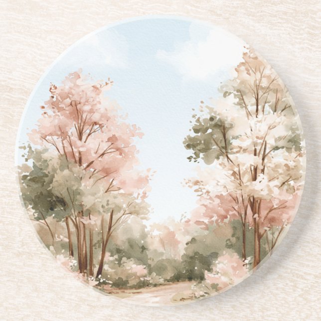 Dessous De Verre En Grès Arbres verts roses Ciels bleus (Devant)