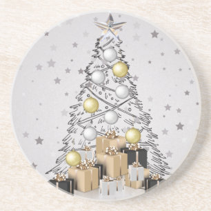 Dessous De Verre En Grès Argent Gold et Arbre de Noël Noir