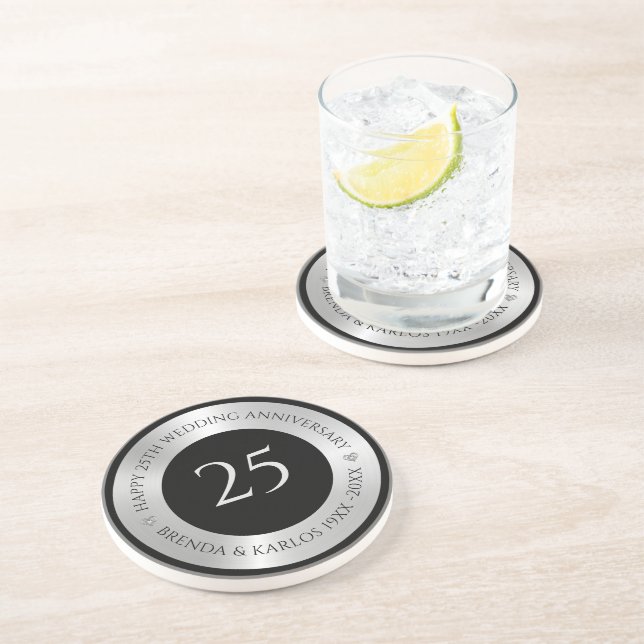 Dessous De Verre En Grès Argent noir et métallique 25e anniversaire de mari (Côté)