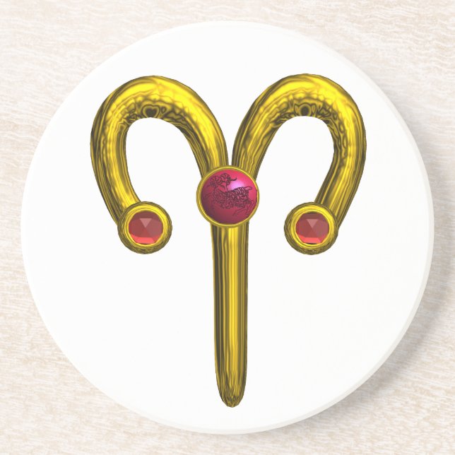 Dessous De Verre En Grès ARIES ZODIAC ANNIVERSAIRE JEWEL ROUGE RUBY, Or, bl (Devant)