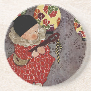 Dessous De Verre En Grès Arlequin enfant vintage, Musicien Jouant Banjo