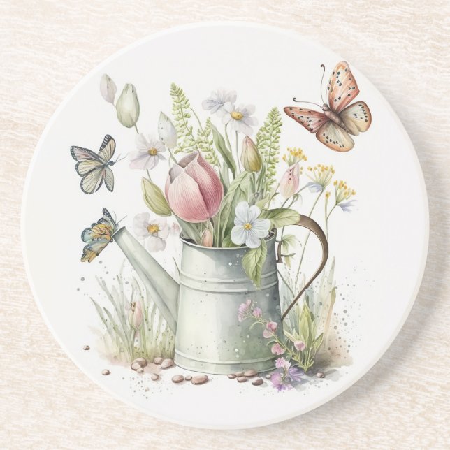 Dessous De Verre En Grès Arrosage avec tulipes et papillons (Devant)