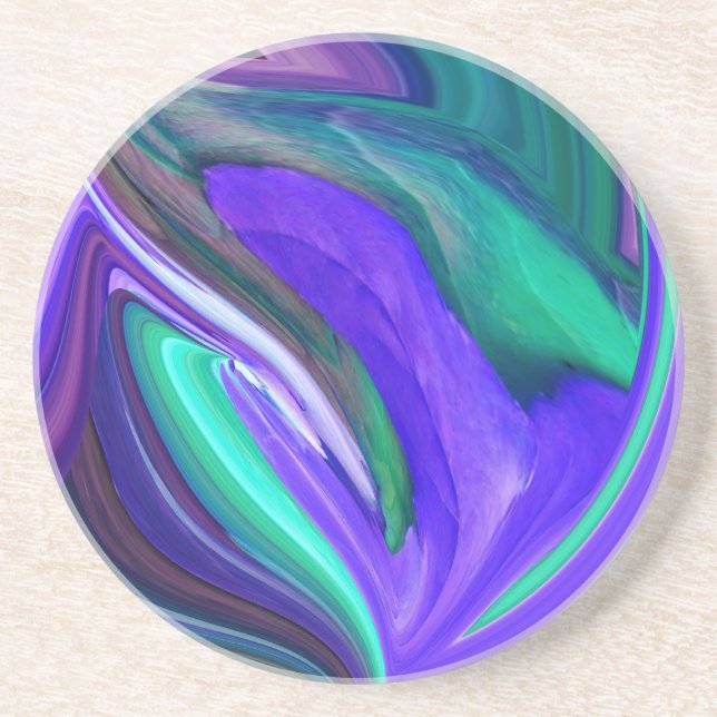 Dessous De Verre En Grès Art Abstrait Purple N Feuille Turquoise (Devant)
