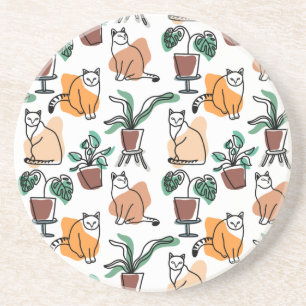 Dessous De Verre En Grès Art de trait dessin chats et fleurs