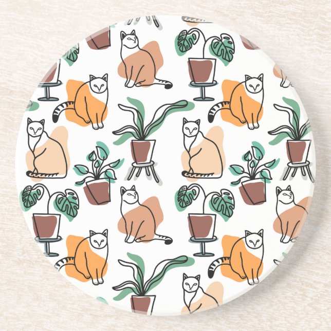 Dessous De Verre En Grès Art de trait dessin chats et fleurs (Devant)