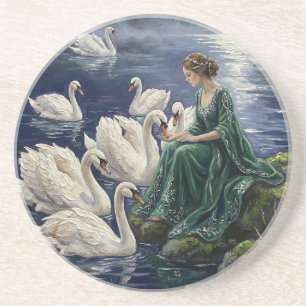 Dessous De Verre En Grès Art fantastique de lune sur lac aux cygnes celtiqu