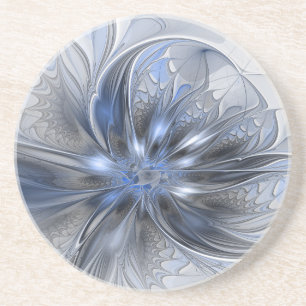 Dessous De Verre En Grès Art floral fractal abstrait aquarelle gris bleu
