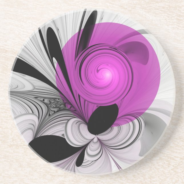 Dessous De Verre En Grès Art fractal noir gris avec magenta (Devant)