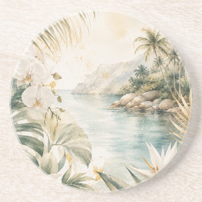 Dessous De Verre En Grès Art mural aquarelle tropical luxueux côtier | (Devant)