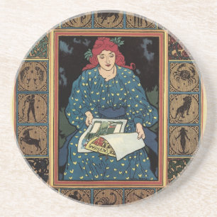 Dessous De Verre En Grès Art Nouveau vintage, femme lisant un livre d'astro