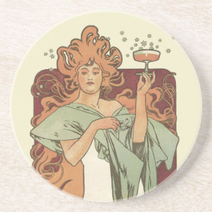 Dessous De Verre En Grès Art Nouveau vintage par Mucha, Champagne Party