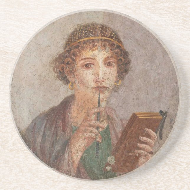 Dessous De Verre En Grès Art romain Pompéi Sappho Girl avec Stylus Antique (Devant)